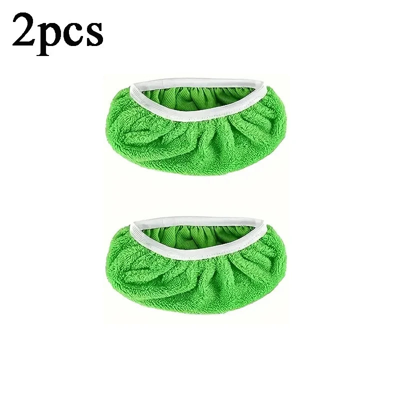 Four green reusable microfiber mop pads for Swiffer Sweeper mops, ideal for cleaning surface and hardwood floors.