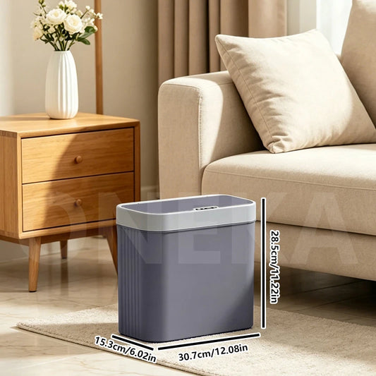Grey 14L smart sensor wall-mounted trash can with hook, ideal for bathroom, kitchen, bedroom, or living room waste disposal.