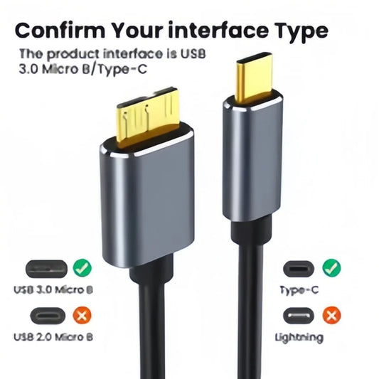Grey USB C to Micro B 3.0 cable for external hard drives and SSDs, compatible with Toshiba, WD, Seagate, MacBook, and laptops.