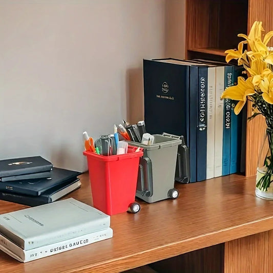 Grey portable mini office desk trash bin and pen holder for office supplies storage, compact and space-saving.