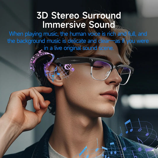 Gray smart glasses with 800W camera, AI photo recognition, Bluetooth calls, voice translation, and video recording features.