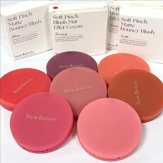 Rare Beauty cream to powder matte blush with bouncy, cushiony texture, long-lasting, waterproof, sweatproof, and natural brightening flush.