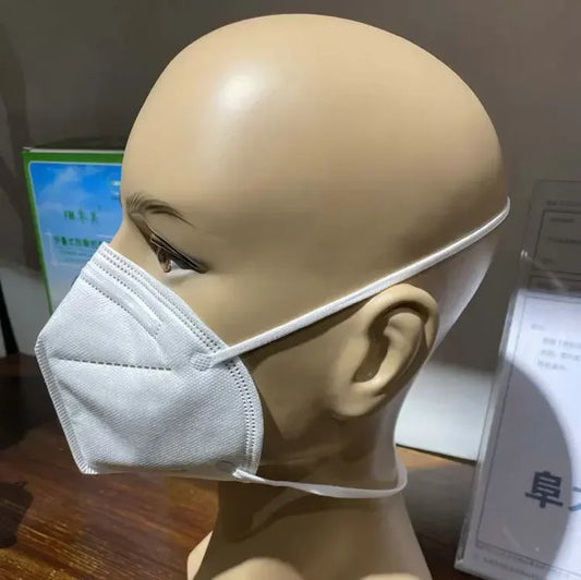 Black and white FFP2 KN95 face mask with headband, 5-layer filter, adults respirator, CE certified, designed for respiratory protection.