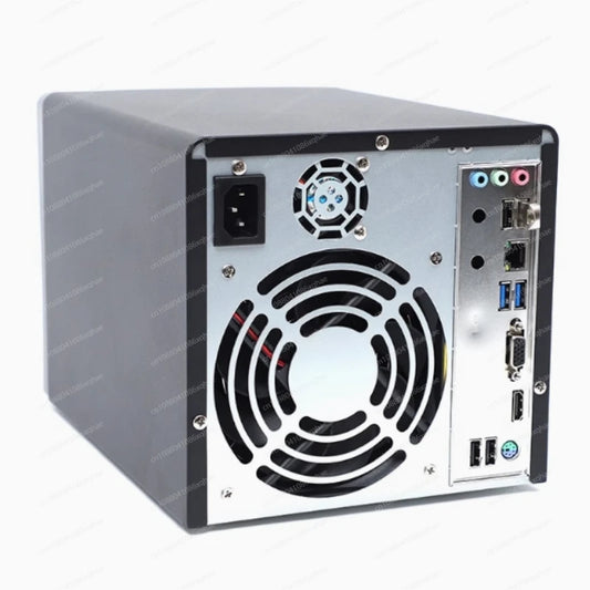 4-bay NAS storage server case by BackupMyFilesNow.com with tooless, screwless design for easy hard drive installation.