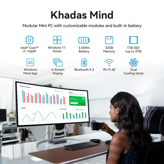 Khadas Mind 1 Mini PC with 5.55Wh battery, WiFi 6E, BT5.3, Windows 11 Home, 32GB RAM, 1TB storage, compact Intel desktop computer