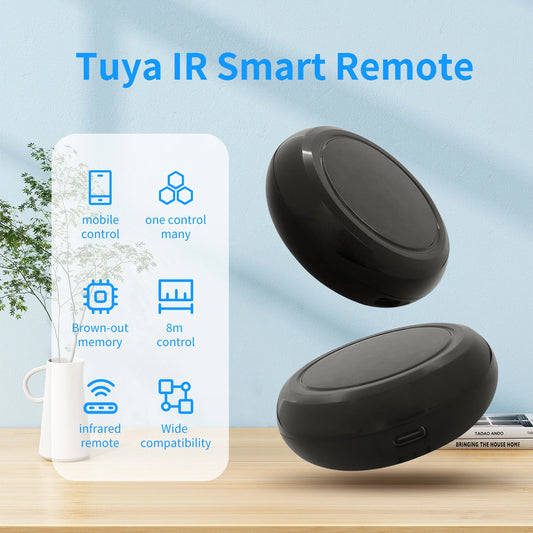 Tuya Smart WiFi IR remote controller for home devices, compatible with Alexa, shown on a control panel with app interface.