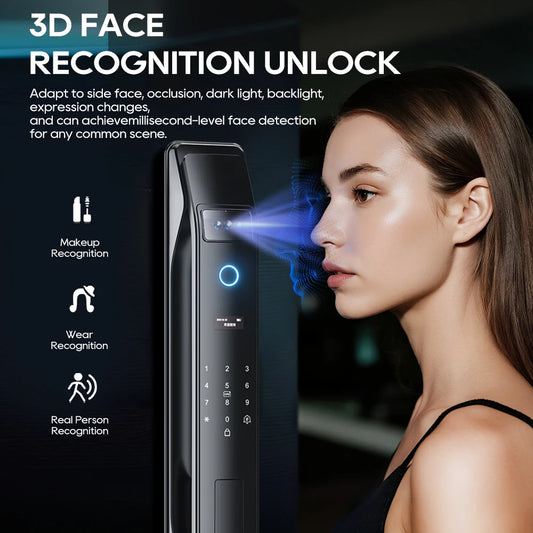 SANKESONG Tuya Smart 3D Face Door Lock with fingerprint scanner, security camera monitor, and electronic key access system.