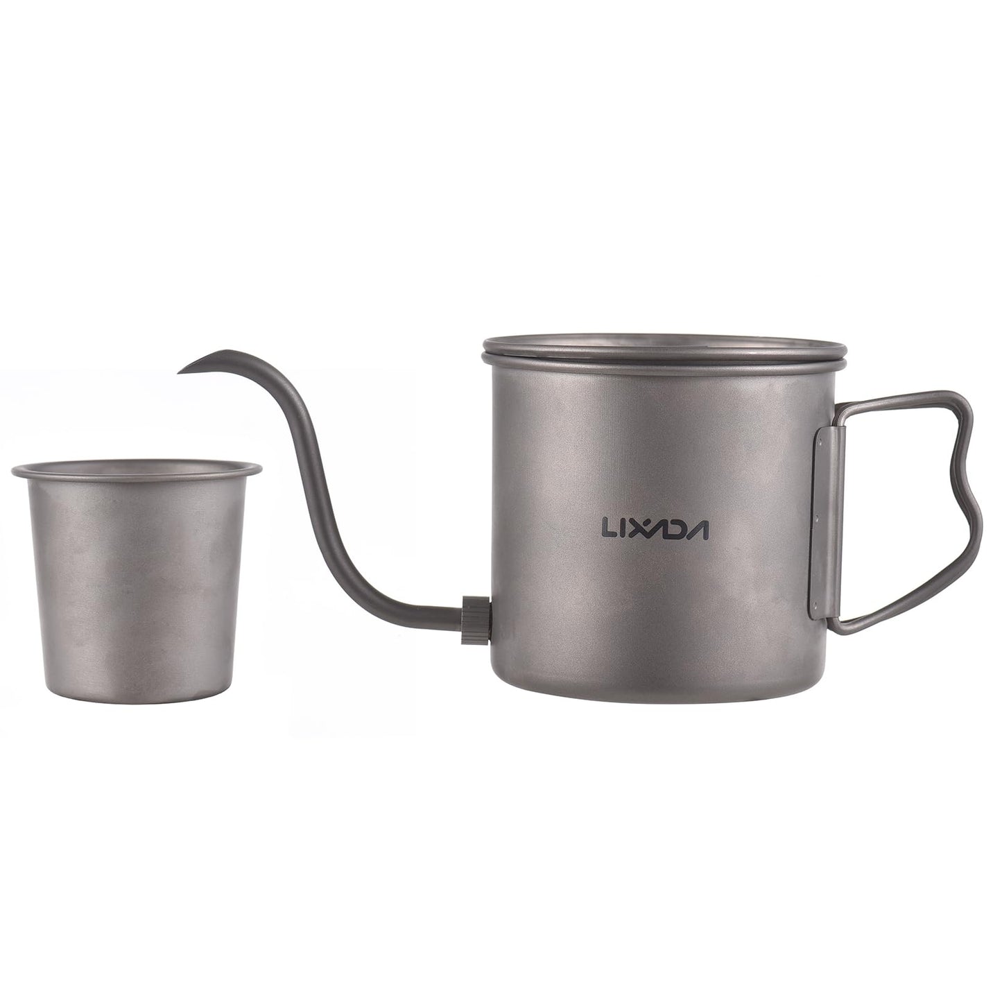 Titanium camping kettle and coffee pot with removable spout and water cup, ideal for outdoor camping and backpacking.