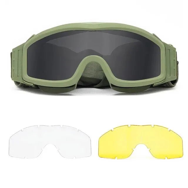 BackupMyFileSNOW® khaki airsoft tactical goggles with three lenses, dust-proof, UV protection, ideal for shooting, motocross, and mountaineering.