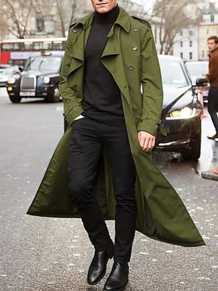Men's khaki streetwear trench coat by BACKUPMYFILESNOW.COM® with epaulets, overlong design, perfect for spring fashion.