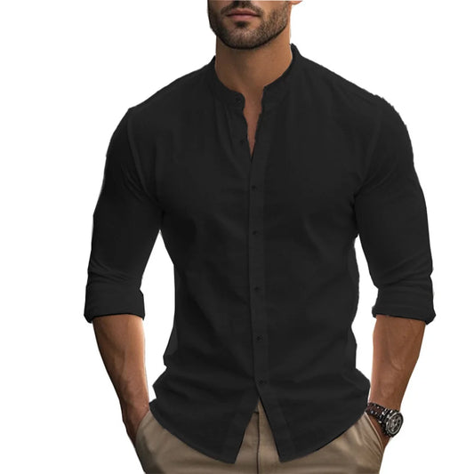 Men's khaki Henry shirt by BACKUPMYFILESNOW.COM, cotton linen blend, slim fit, casual Hawaiian style, breathable for spring and summer.