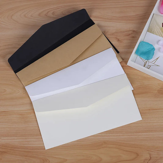 Set of 10 classical paper envelopes in white, black, and kraft with windows, ideal for wedding invitations and gifts.