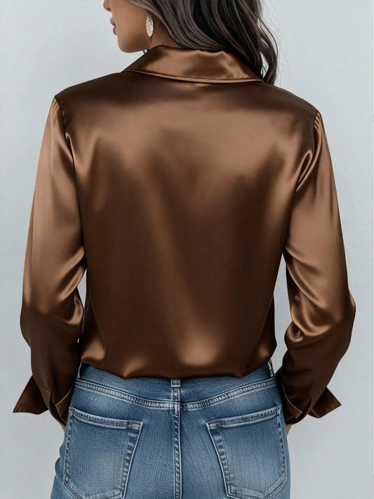 Pink women's satin button-up blouse with a collar, suitable for office or casual wear, ideal for autumn winter spring.