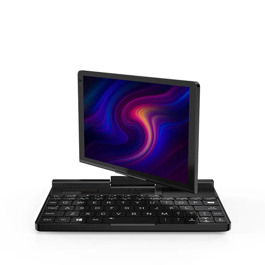GPD Pocket 3 Mini Laptop with 8-inch display, 16GB RAM, 512GB SSD, Intel Gold 7505, Windows 11, in a sleek gold color with accessories