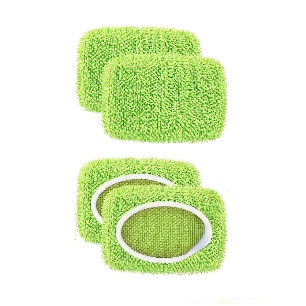 Light green 4-pack microfiber mop pads for Swiffer Sweeper, reusable and washable for dry and wet hardwood floor cleaning.