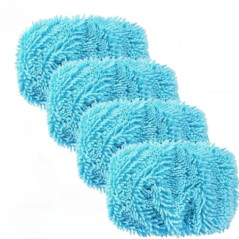 Light green microfiber mop pads for Swiffer sweeper, reusable and washable for dry and wet hardwood floor cleaning.