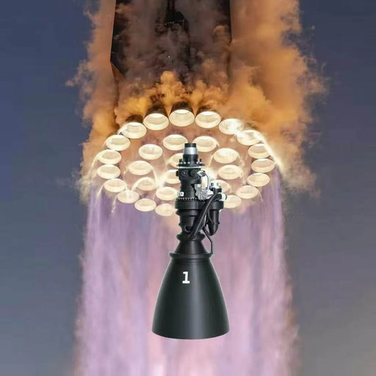 Light grey 3D printed model of SpaceX Raptor 3rd generation engine by BACKUPMYFILESNOW.COM® showcasing detailed engine design.