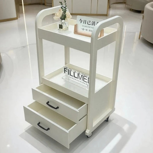 Light wood color premium beauty cart with drawers, mobile salon trolley and professional makeup storage cabinet for spa and salon use.