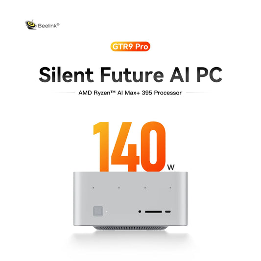 Beelink GTR9 Pro AMD Ryzen AI MAX+ mini PC with Windows 11, 128GB RAM, 2TB storage, WiFi 7, Bluetooth 5.4, 8K support, fingerprint sensor.