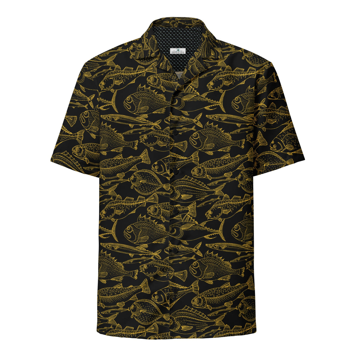 Hawaiian button shirt featuring a vibrant gold ocean wave pattern, stylish and lightweight for a tropical look.