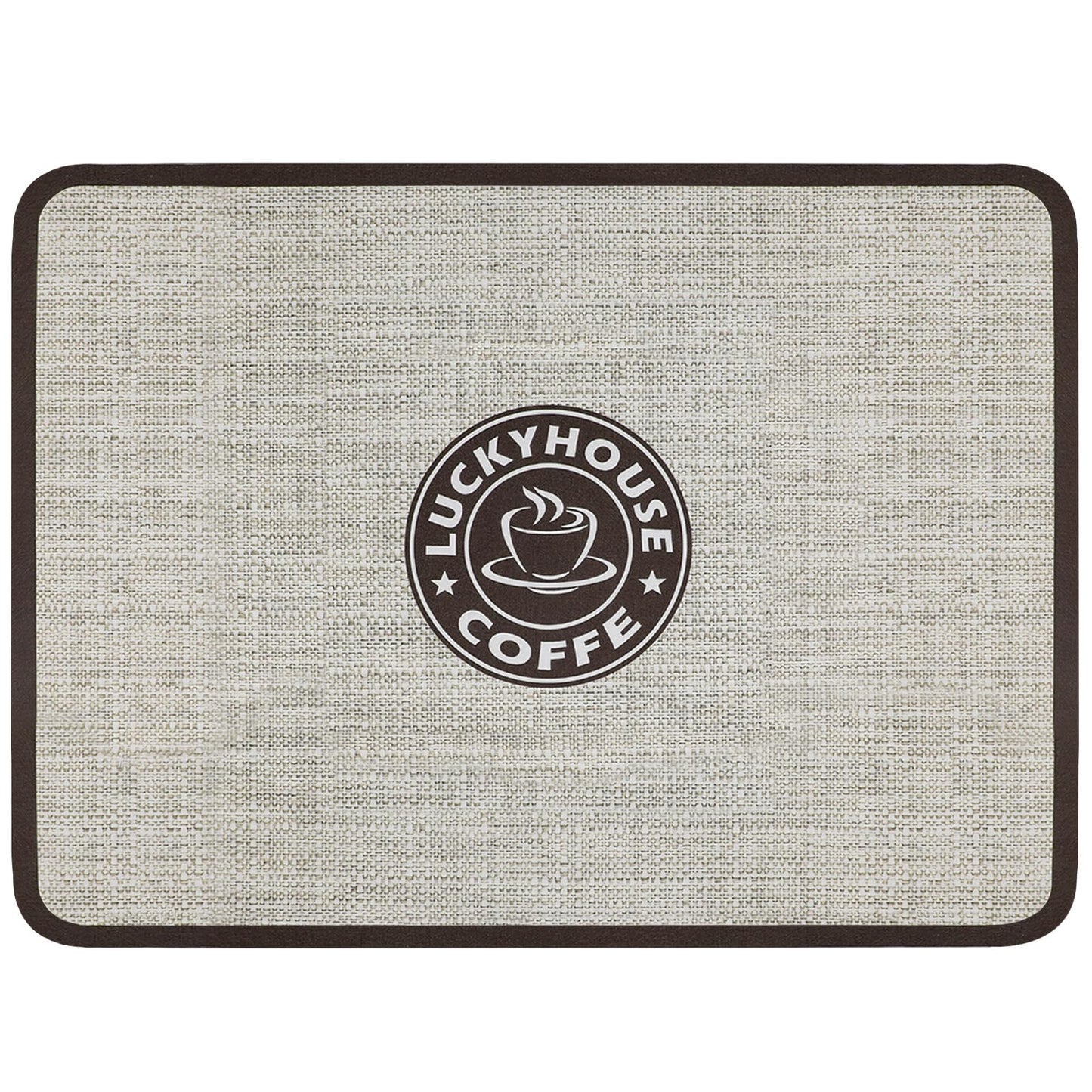 Black coffee bar mat with waterproof rubber backing and absorbent surface, measuring 11.8x15.7 inches for coffee machine protection.