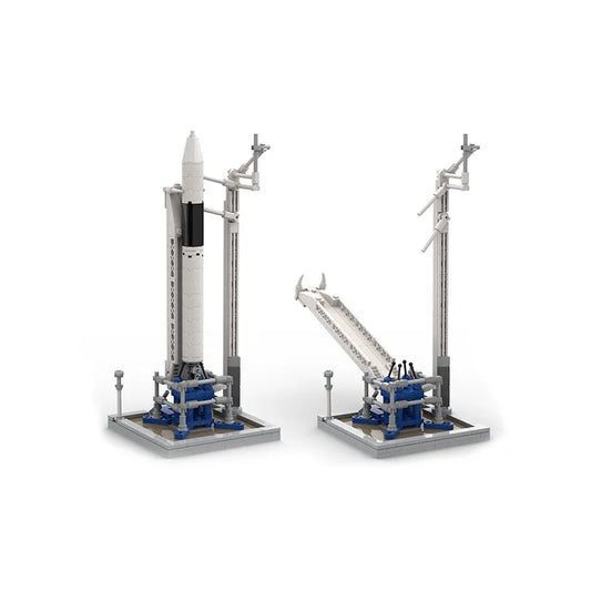 Scale model of SpaceX Falcon 1 rocket with launch building blocks, Saturn V, and satellite, by BACKUPMYFILESNOW.COM®