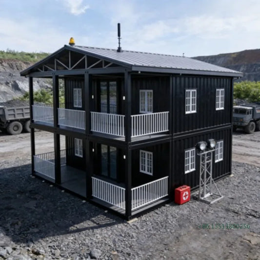 Double-story duplex container house by BACKUPMYFILESNOW.COM®, luxury prefabricated villa with 2-5 bedrooms, kitchen, and bathroom.