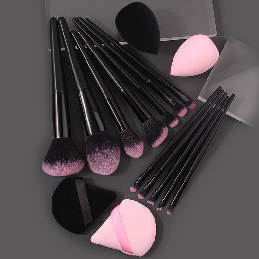 Set of 12 soft makeup brushes, 4 beauty eggs, and a triangular powder puff, perfect for portable beauty application.