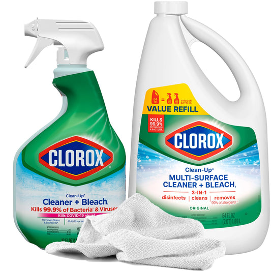 Two disinfectant bleach cleaners with spray bottle and refill jug, along with a Daley Mint towel, suitable for bathroom and kitchen cleaning.
