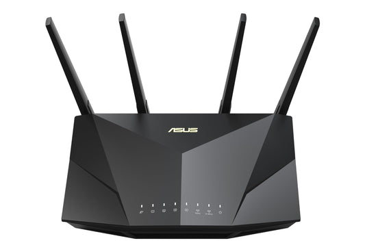 ASUS RT-AX5400 Dual Band WiFi 6 router with extendable design, LED indicators, and built-in security features for gaming and smart home use.