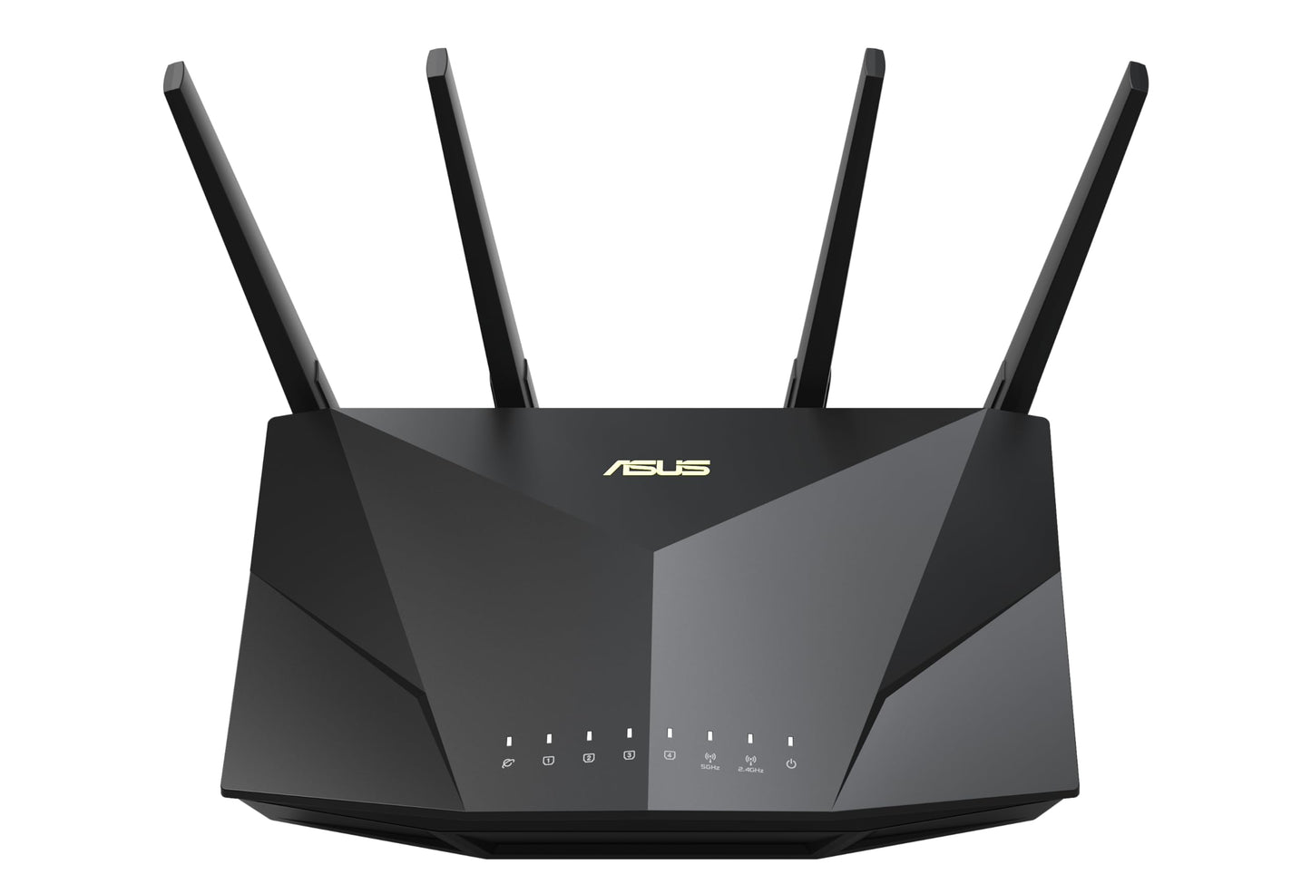 ASUS RT-AX5400 Dual Band WiFi 6 router with extendable design, LED indicators, and built-in security features for gaming and smart home use.