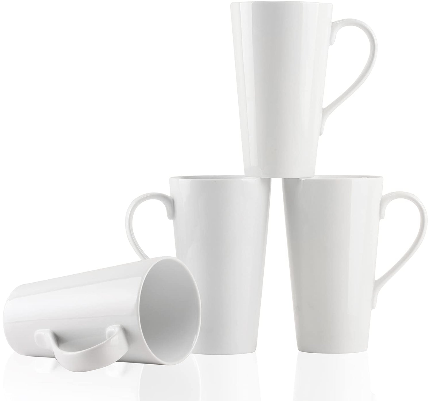 Set of four large white coffee mugs, 16 oz, with handles, ideal for coffee, tea, cocoa, latte, and milk drinks.