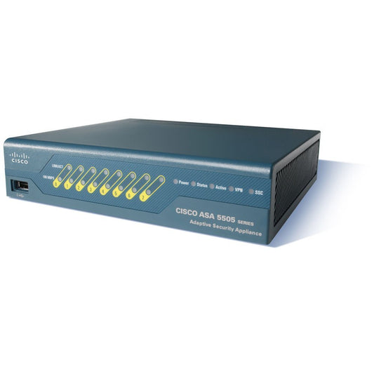 Cisco ASA 5505 security appliance from the ASA 5505-UL-BUN-K9 series, renewed, shown with ports and network interface details