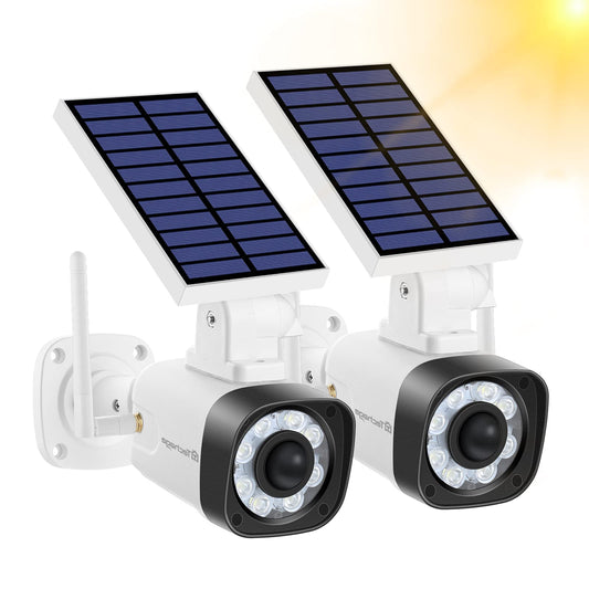 Two white Techage solar-powered dummy security cameras with red LED lights, motion detection, and waterproof design for outdoor security.