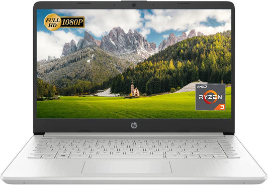 HP 14 Full HD laptop with AMD Ryzen 3, 8GB RAM, 128GB SSD, HD webcam, USB-C, HDMI, running Windows 11 in silver color.