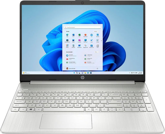HP 15.6-inch HD touch-screen laptop with Intel Core i3, 8GB RAM, 128GB SSD, natural silver finish, running Windows 11 Home.