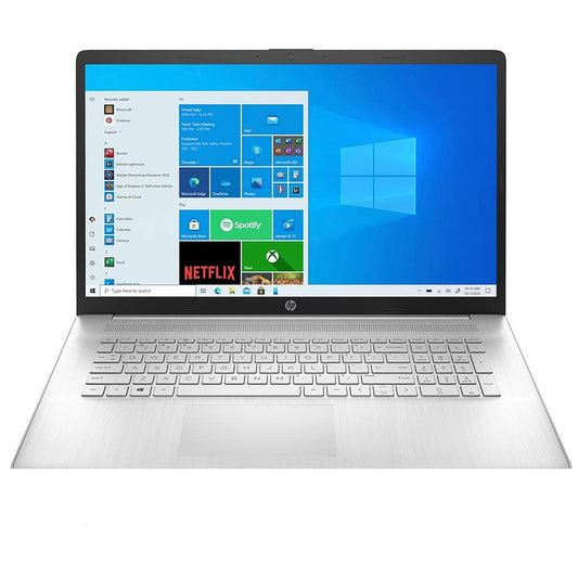 HP 17 laptop with AMD Athlon Silver, 4GB RAM, 256GB SSD, 17.3-inch HD+ display, Windows 10, dual speakers, web camera