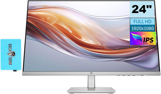 HP Series 5 524sh 24-inch FHD IPS monitor with USB port expander, HDMI, VGA, flicker-free, adjustable tilt, black and silver.