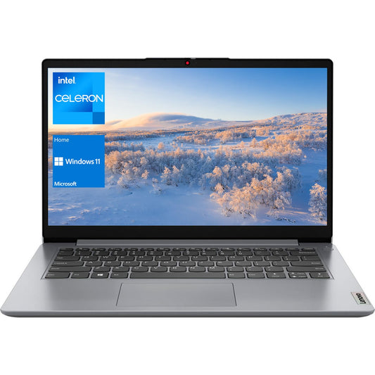 Lenovo IdeaPad 1 laptop with 14-inch HD display, Intel Celeron N4020, 4GB RAM, 64GB eMMC, webcam, SD card reader, HDMI, Wi-Fi 6, Windows 11.