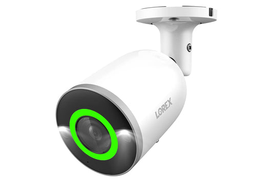 Lorex E896AB 4K smart security camera with color night vision, AI motion detection, and security lighting in a bullet design.