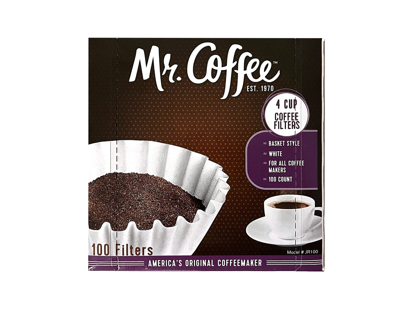 Mr. Coffee 4-cup coffee filters, 100-pack, compatible with Mr. Coffee brewers, in a clear package with filters visible inside.