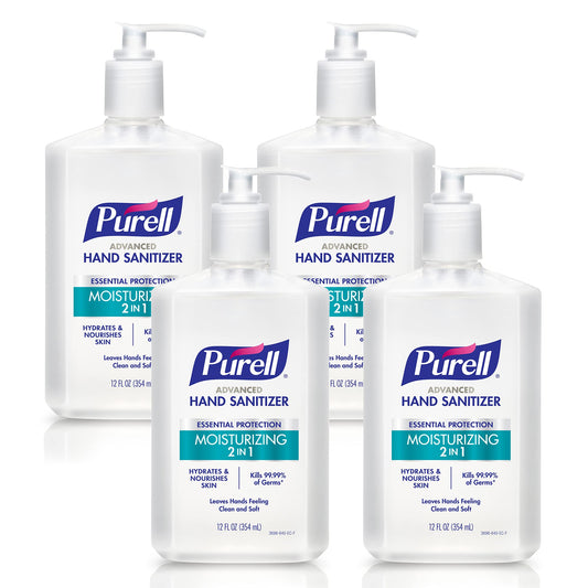 Purell 2-in-1 Moisturizing Hand Sanitizer Gel in 12 oz pump bottles, four-pack, with clear labels and pump dispensers.
