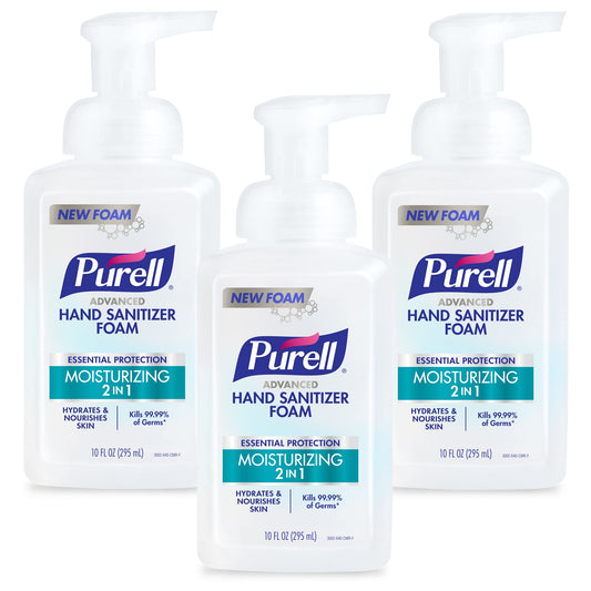 Purell Advanced Hand Sanitizer 2in1 moisturizing foam in 10 oz pump bottles, natural fragrance with essential oils, pack of 3.