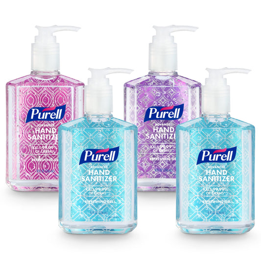 Pack of four Purell Advanced Hand Sanitizer Refreshing Gel bottles with pump, 8 fl oz each, clean scent, designed for easy use.