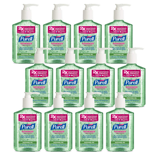 Purell Advanced Hand Sanitizer soothing gel with aloe and vitamin E in 8 oz pump bottles, pack of 12, shown in individual bottles.
