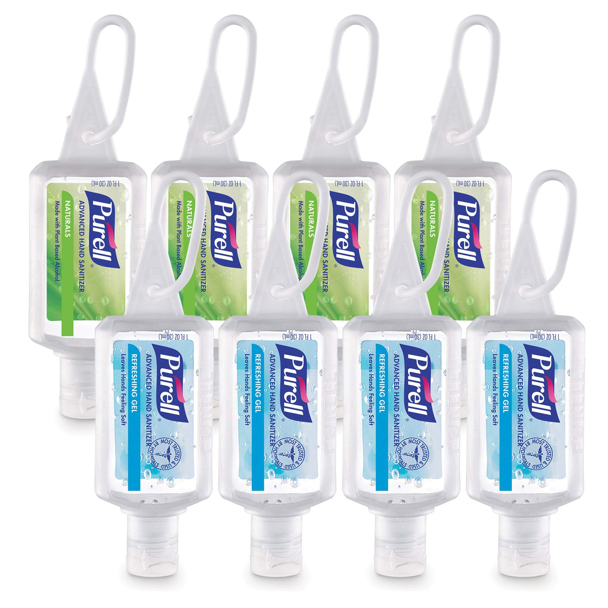 Purell Advanced Hand Sanitizer travel size gel bottles in variety pack with flip caps and jelly wrap carriers, set of 8.