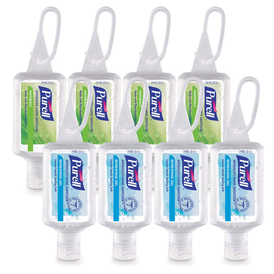 Purell Advanced Hand Sanitizer travel size gel bottles in variety pack with flip caps and jelly wrap carriers, set of 8.