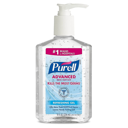 Three 8 oz bottles of Purell Advanced Instant Hand Sanitizer Gel, a portable hand sanitizer by BACKUPMYFILESNOW.COM®.