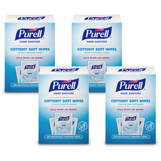 Purell Cottony Soft Hand Sanitizing Wipes with clean scent, 24 individually wrapped wipes per box, 4 boxes in the pack.