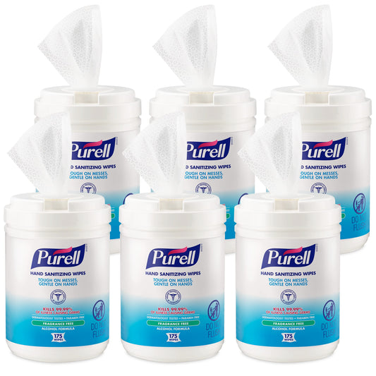 Six canisters of PURELL alcohol-based fragrance-free hand sanitizing wipes, 175 count each, stored in white containers.